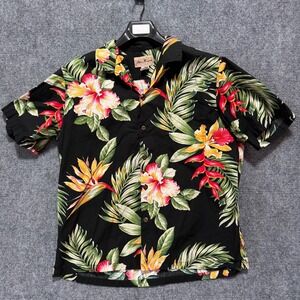 Vintage Blue Hawaii Shirt Large Mens Floral Hawaiian Button Black Wood Large